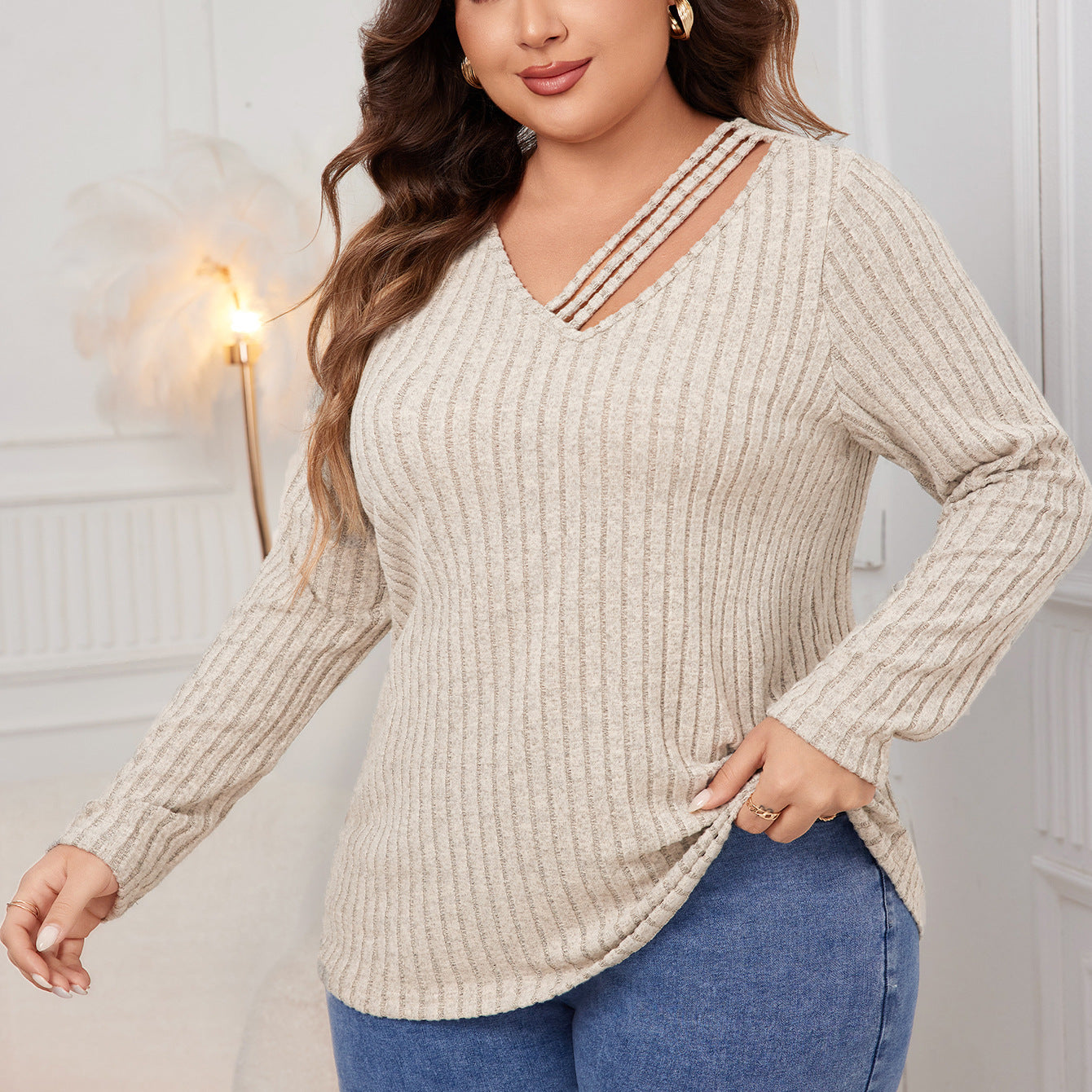 Plus Size V neck Sweater Fall/Winter Loose Fitting Outerwear Sweater - Wild Amber Fashion