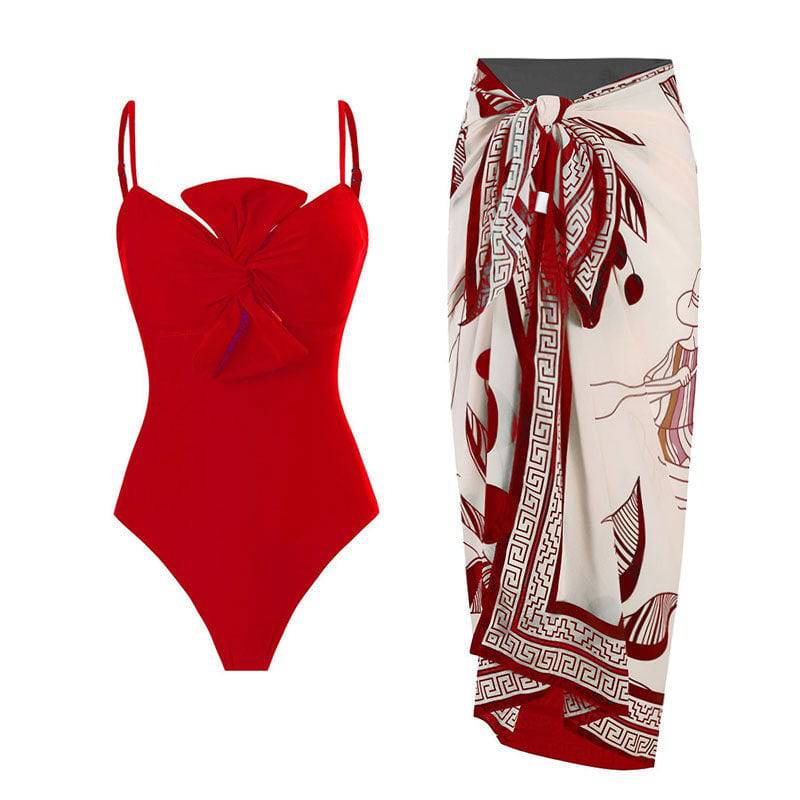 French Retro Bow Design One-Piece Swimsuit for Women  S Red Suit 