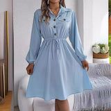 Real Shot Autumn Winter Casual Button Lace up Waist Controlled Long Sleeves Shirt Dress Women Clothing - Wild Amber Fashion