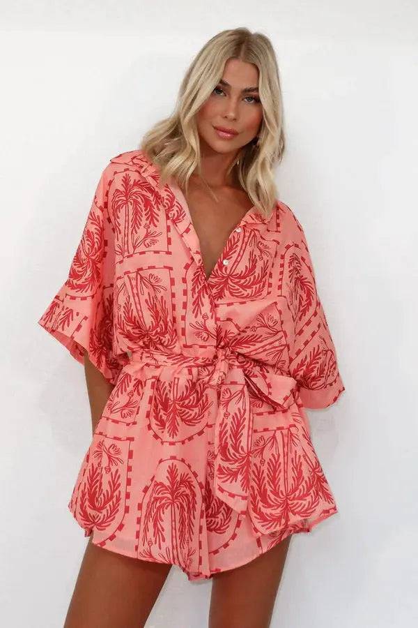 Geometric Printed Belted Jumpsuit for Women  S Red Jumpsuit 