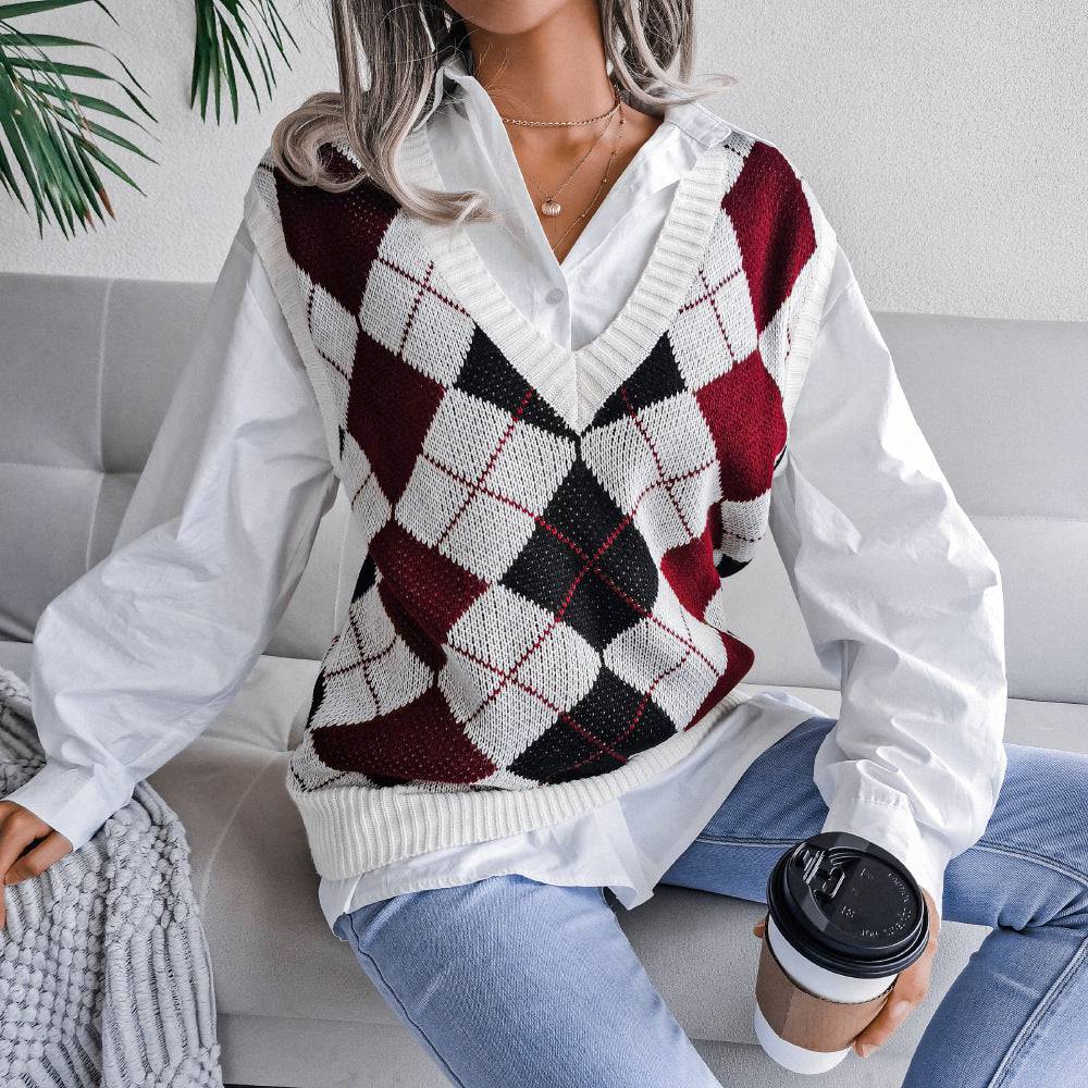 Stylish Rhombus V-Neck Knit Vest Sweater for Women  S Red 