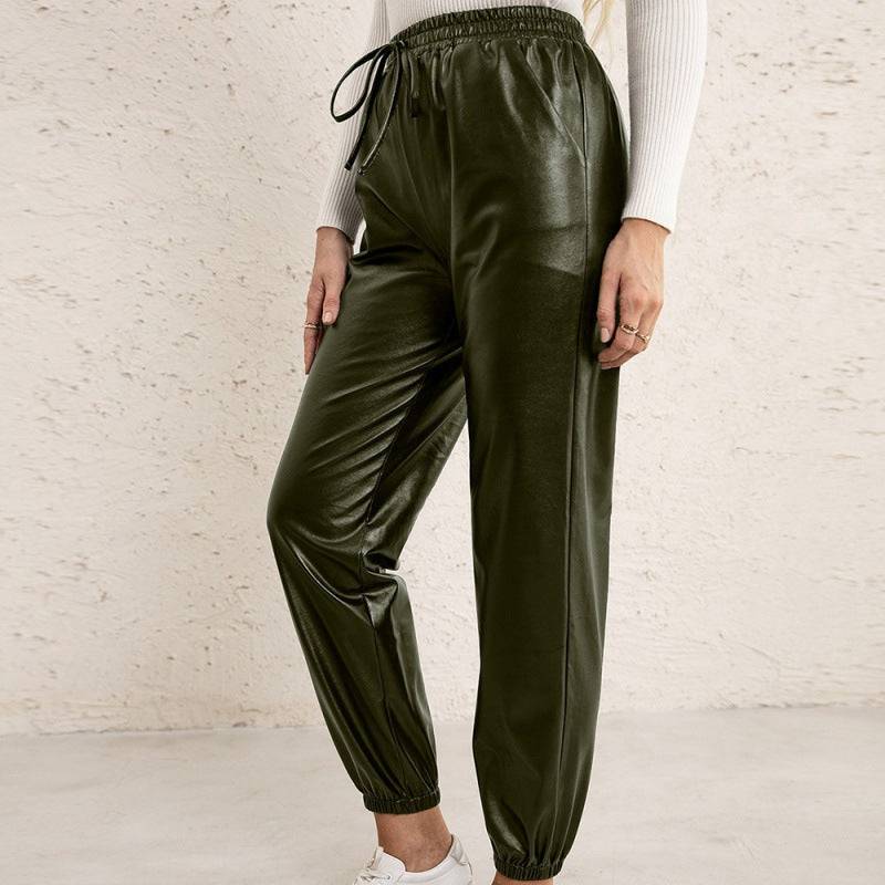 Loose Casual Biker Leather All-Matching Trousers Elastic Waist Faux Leather Ankle-Tied Leather Pants Women  S Green 