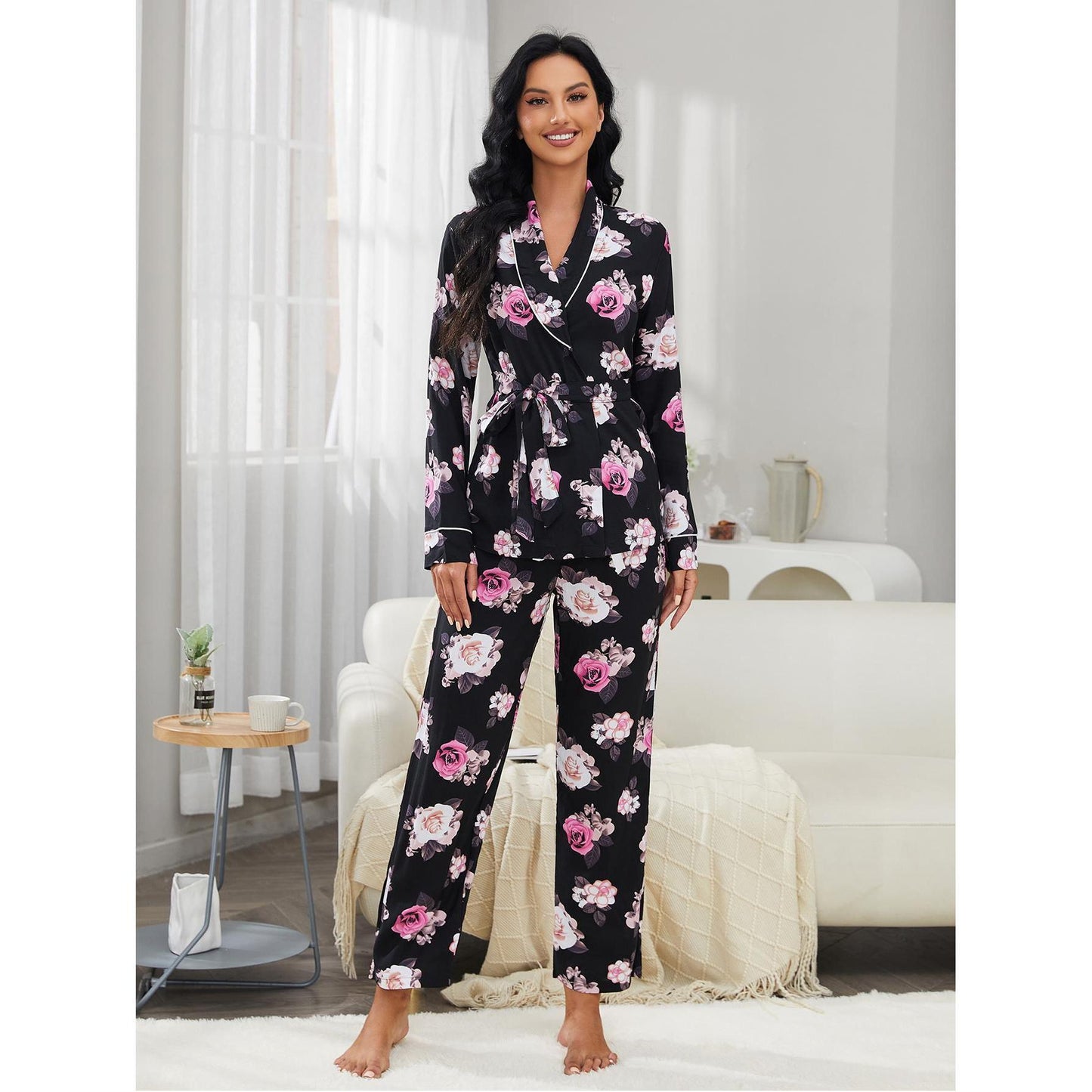 Floral Belted Two Piece Set for Women's Nightwear and Lounging  S Black 