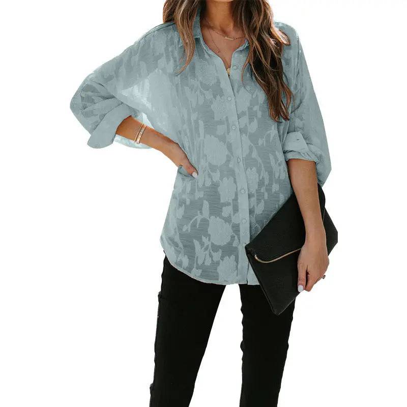 Women's Loose Fit Long Sleeve Button-Up Shirt in Solid Color  S Blue 