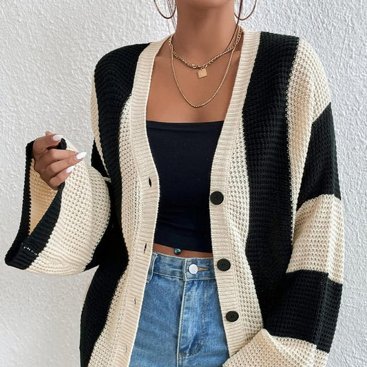 Top Product Autumn Winter Women Striped Contrast Color Bell Sleeve Knitted Cardigan Loose Sweater Coat Women - Wild Amber Fashion