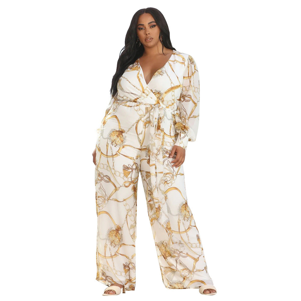 Plus Size Plus Size V neck Chiffon Jumpsuit Leopard Print Fashion Sexy Long with Belt - Wild Amber Fashion