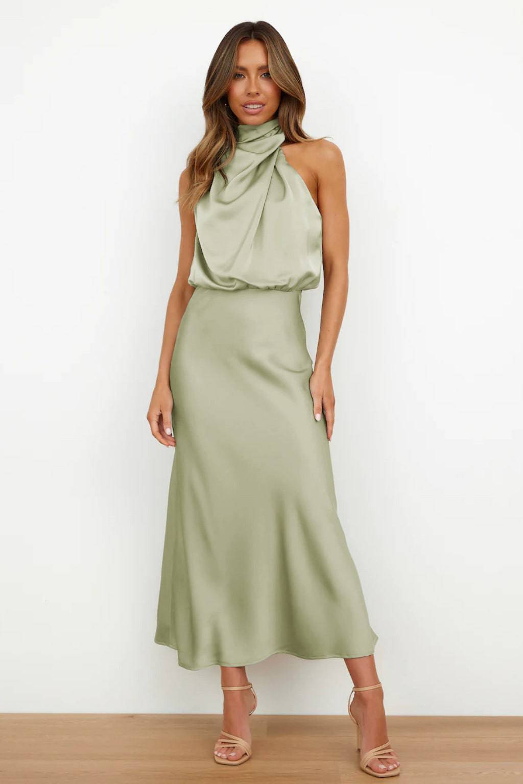 Elegant High Grade Satin Sleeveless Maxi Dress with Mock Neck  S Light Green 