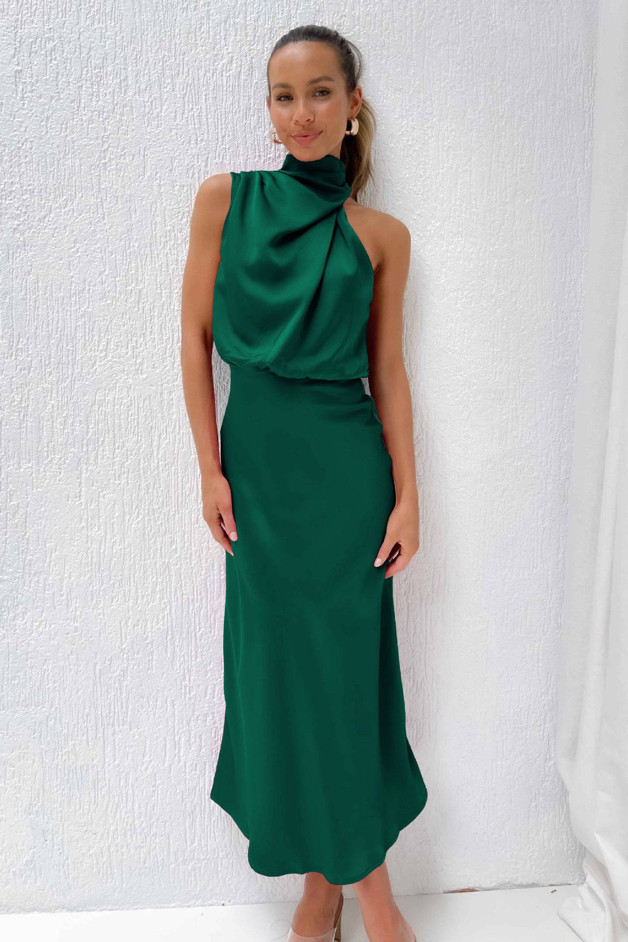 Elegant High Grade Satin Sleeveless Maxi Dress with Mock Neck  S Dark Green 