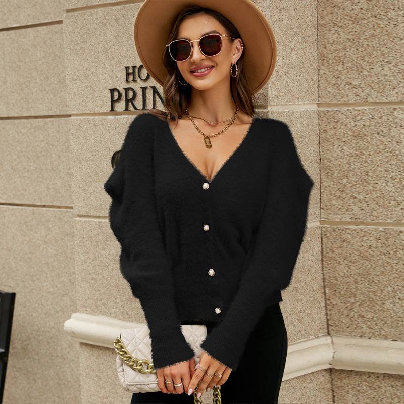 Elegant V-Neck Knitted Cardigan for Autumn and Winter  S Black 