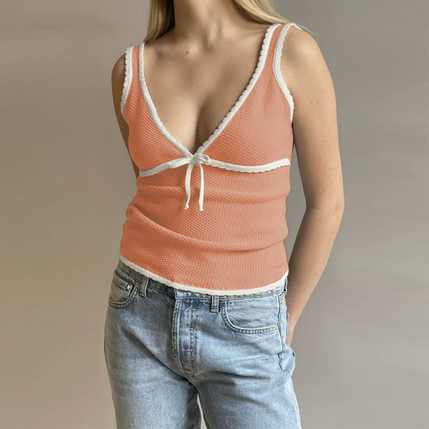 Lace Vest with Deep V Plunge and Bow: Perfect for Spring and Summer  S Peach Pink 