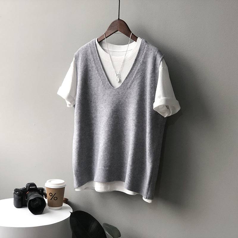 Knitted Vest Women Spring Preppy V neck Loose Idle Sleeveless Waistcoat  One Size Gray 