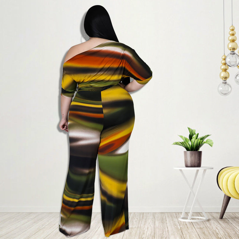 Plus Size Women Clothes Autumn Wide-Leg Pants Digital Printing Romper New Arrival - Wild Amber Fashion