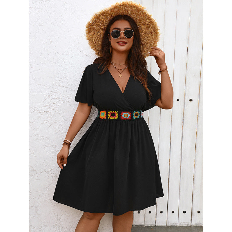 Plus Size V Neck Dress Summer Ladies Embroidered V Neck Sexy Slimming Dress - Wild Amber Fashion