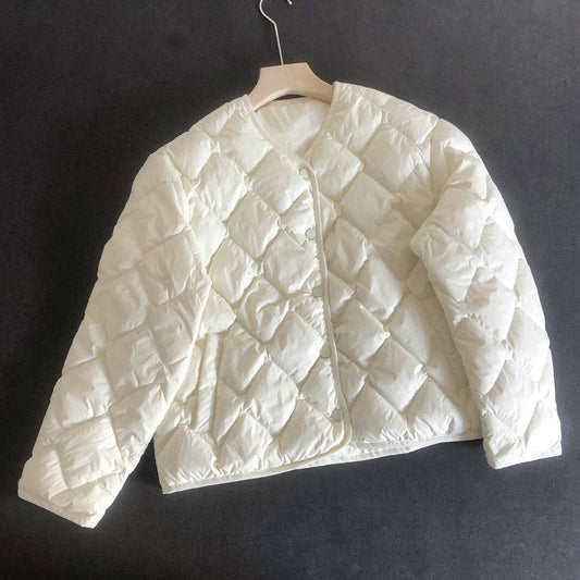 Elegant Women's White Duck Down Jacket with Diamond Lattice Design  S Ivory 