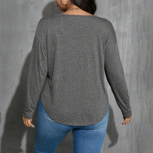 Plus Size Women Clothing V neck Simplicity T shirt Autumn Winter Gray All Match Loose Slimming Bottoming Top - Wild Amber Fashion