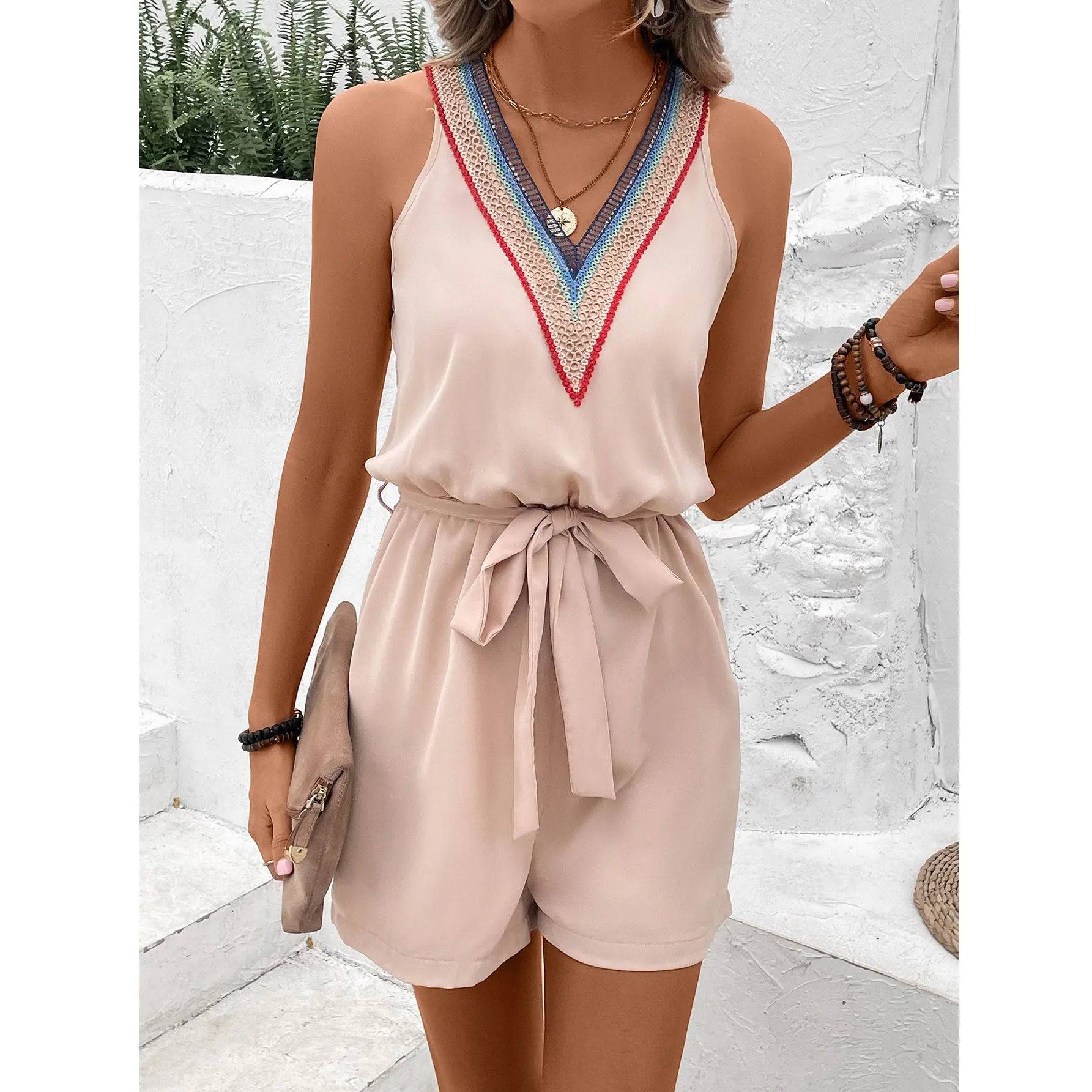 Sexy V-Neck Sleeveless Romper with Waist Belt  S Yellow 