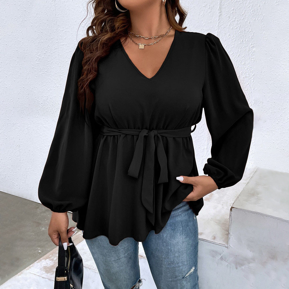 Plus Size Women Clothes V neck Lantern Sleeve T shirt Autumn Winter Elegant Slim Top - Wild Amber Fashion