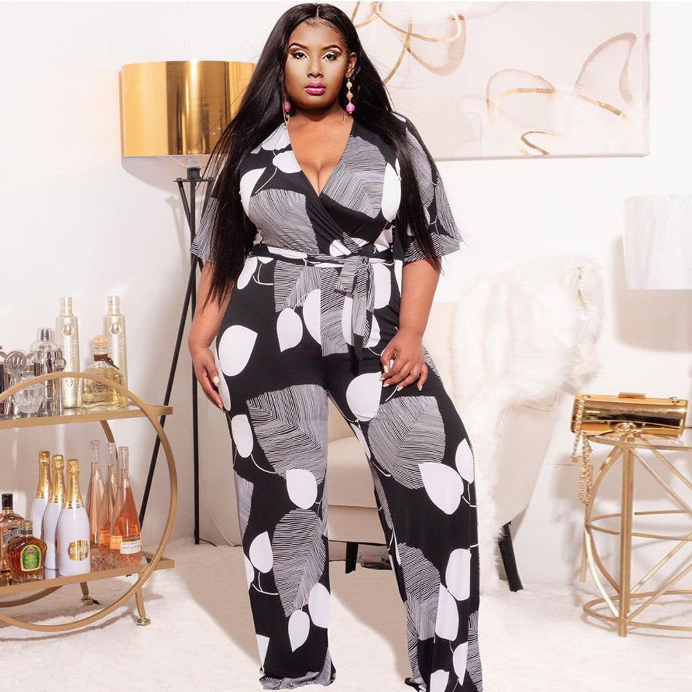 Plus Size Women Deep V-neck Leaves Shape Print Short Sleeve Women Belt Lace up Jumpsuit - Wild Amber Fashion