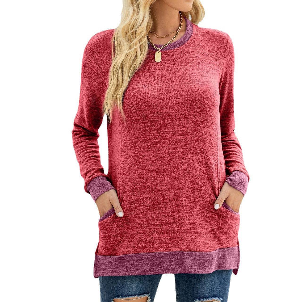 Multicolor Long Sleeve Pullover Top with Pocket  S Red 