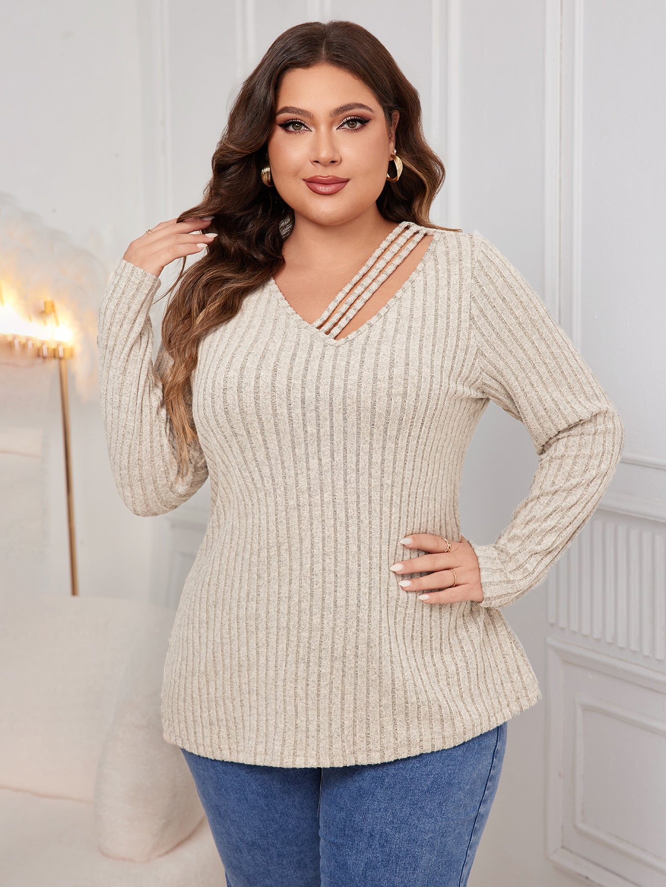 Plus Size V neck Sweater Fall/Winter Loose Fitting Outerwear Sweater - Wild Amber Fashion