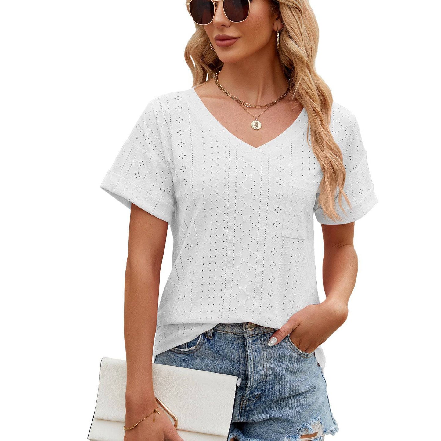 Relaxed V-Neck Short Sleeve Tee for Women  S White 