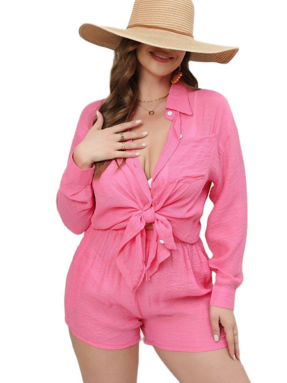 Vacation Ready Plus Size Women's Two-Piece Solid Color Shirt and Shorts Set  XL Pink 