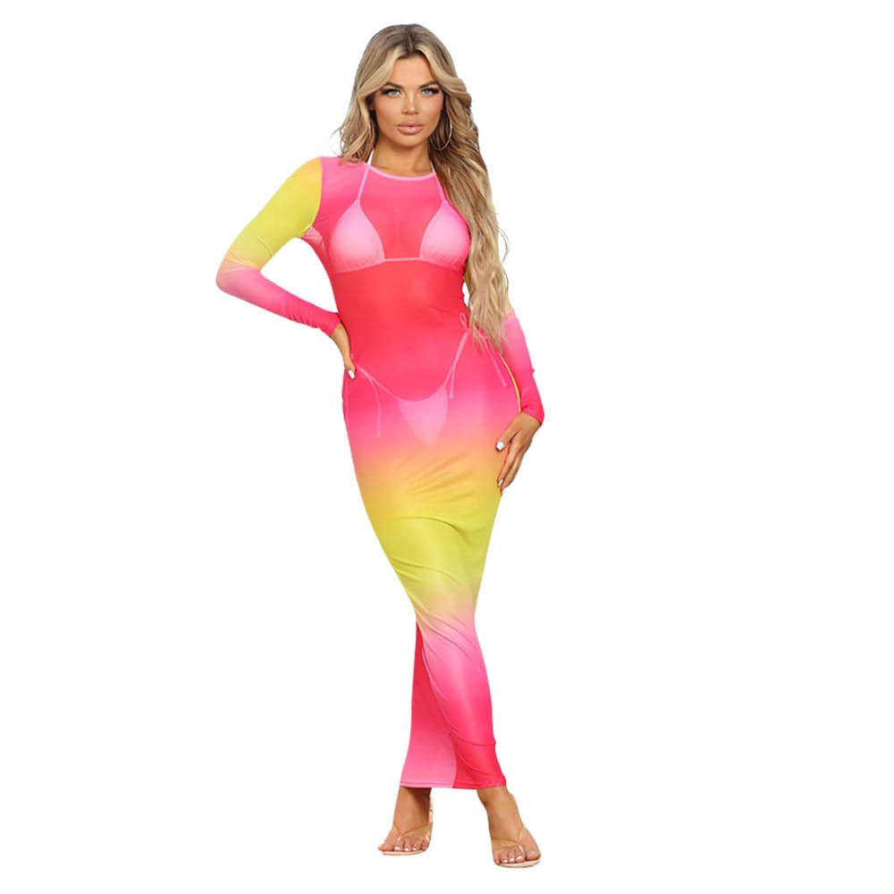 Sensual Mesh Detail Long Sleeve Bodycon Dress  S Pink 