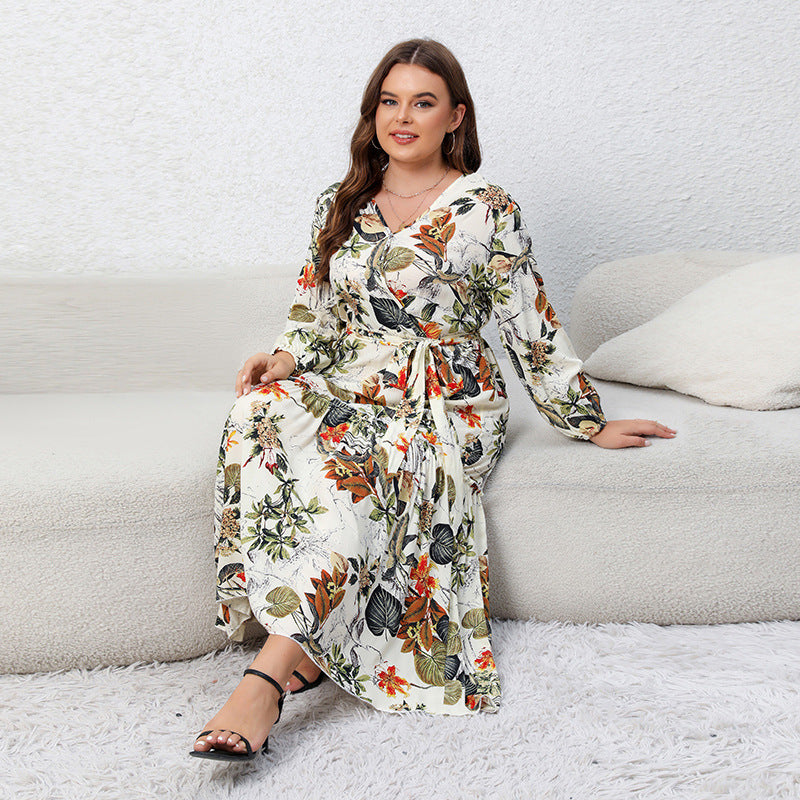 Plus Size Spring Dress Printed V neck Long Sleeve Floral Dress Loose Swing Dress - Wild Amber Fashion