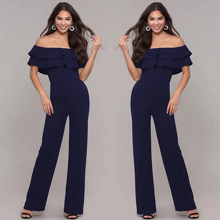 Elegant Off-Shoulder Ruffles Jumpsuit for Women  S purplish blue 