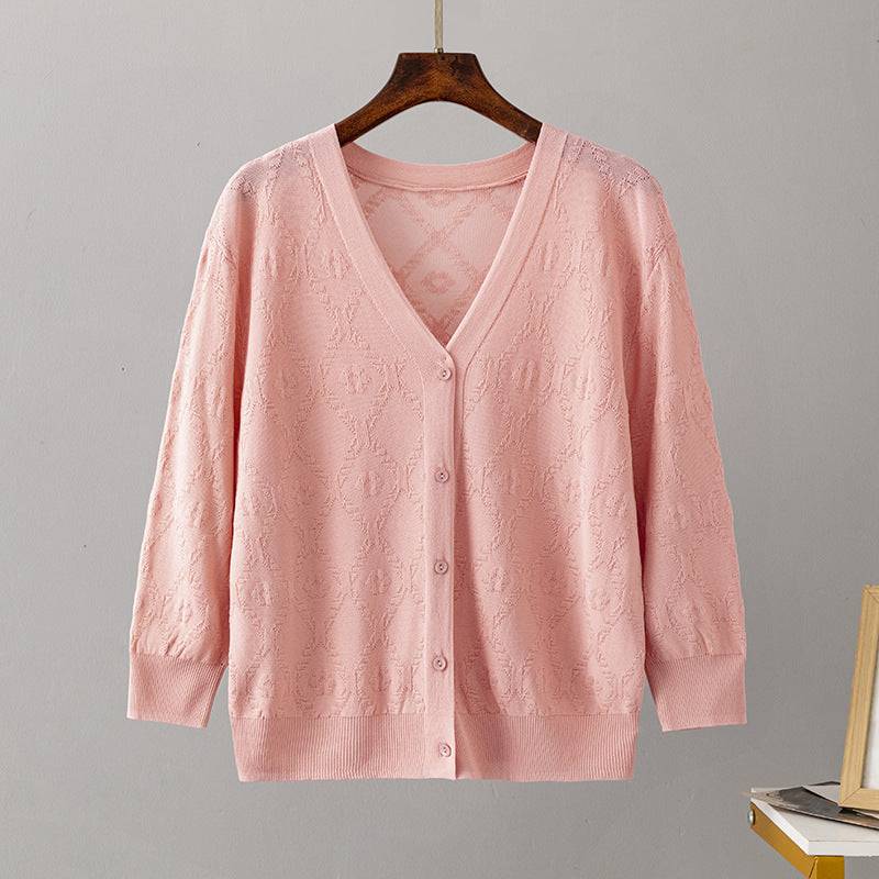 Sun-Proof Knitted Cardigan with Three Quarter Sleeves for Women  One Size Pink 