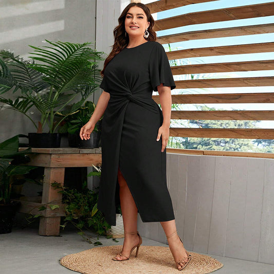 Plus Size Women Clothing Round Neck Pleated Dress Summer Elegant All Match A Line Midi Dress - Wild Amber Fashion