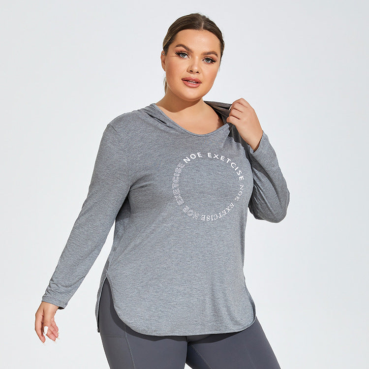 Printed Logo Sports Long Sleeve Hooded Top for Plus Size Women  1XL Cold Heather Gray 