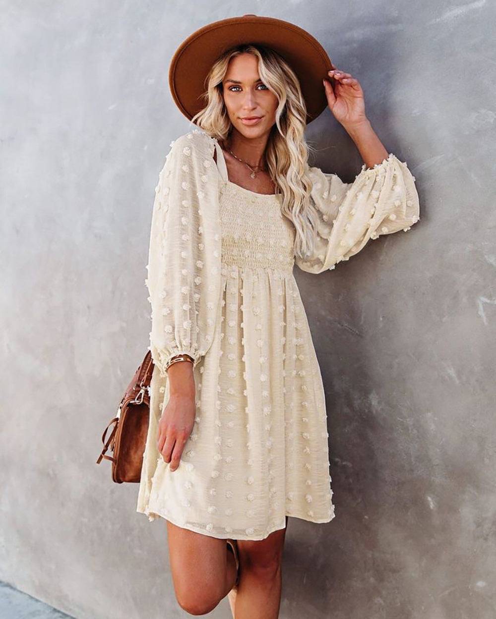 Polka Dot Chiffon A-Line Dress with Lantern Sleeves  S Apricot 