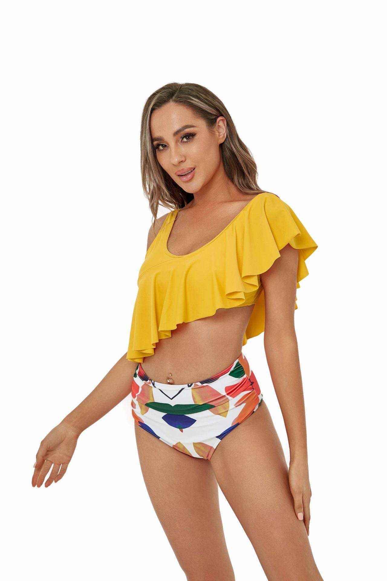 Stunning One Shoulder Bikini with High Waist Print and Ruffle Detail  S Yellow 