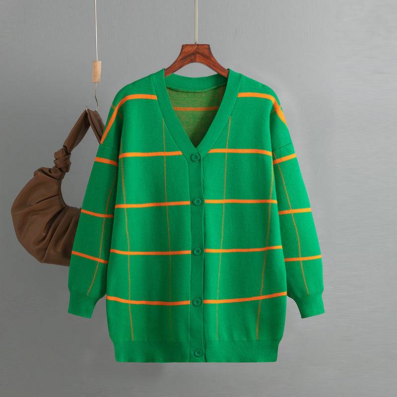 Knitted Plaid Cardigan for Women - Perfect for Autumn and Winter  One Size Green 