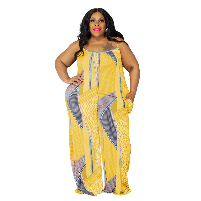 Plus Size Suspender Printed Loose Casual Women Clothing One-Piece Trousers - Wild Amber Fashion