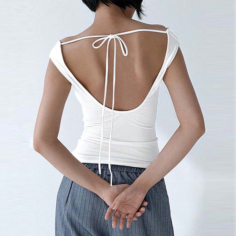 Summer Casual off Neck T shirt Backless Lace up Short Sleeve Solid Color Top - Wild Amber Fashion