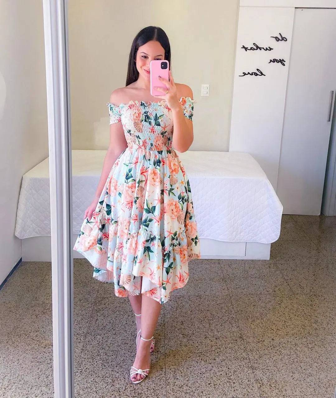 Floral Print Off-Shoulder A-Line Midi Dress  S Pink Floral 