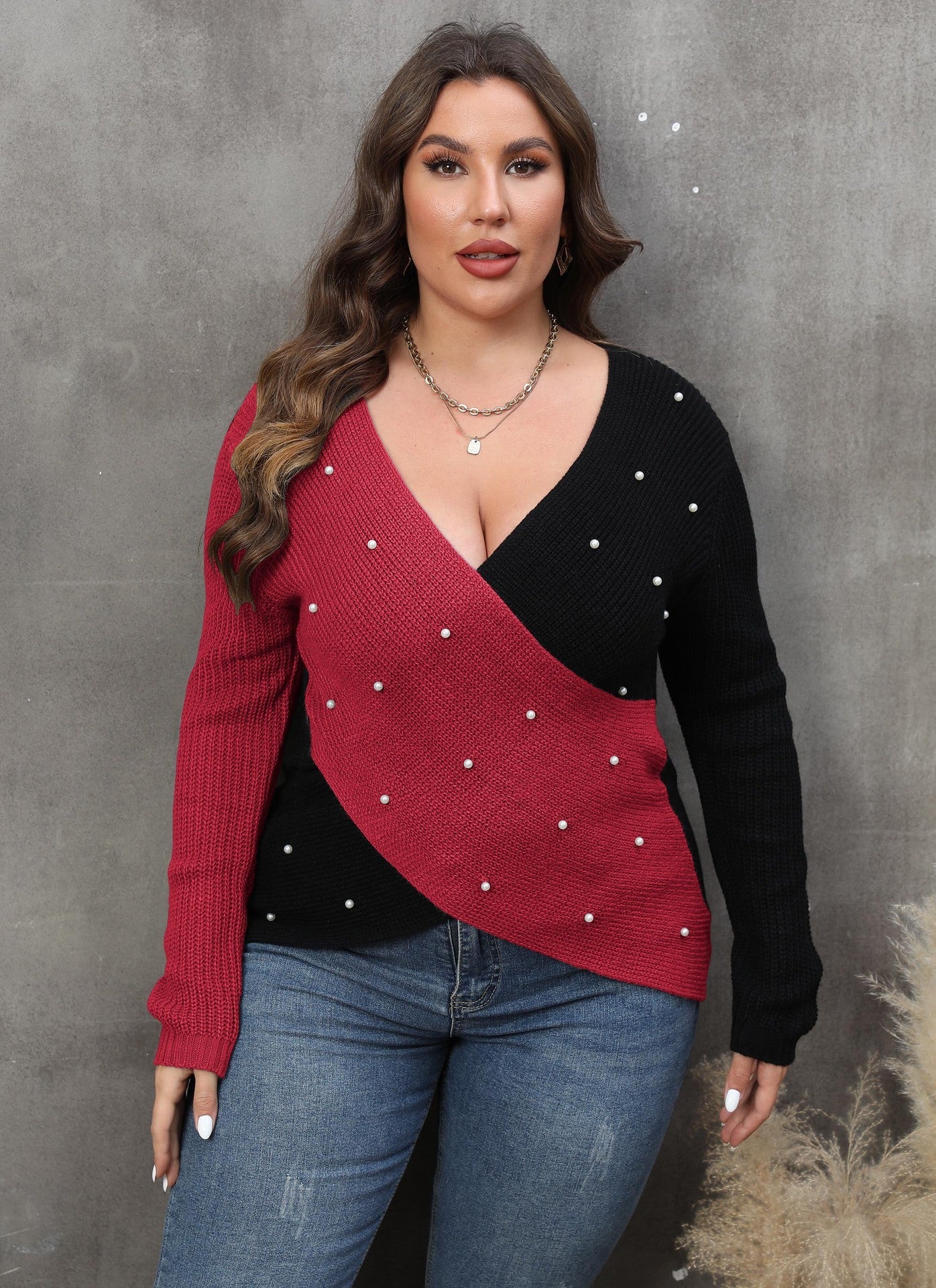 Plus Size Women Clothes Color Contrast Patchwork Deep V Plunge Cross Sexy Beaded Sweater - Wild Amber Fashion