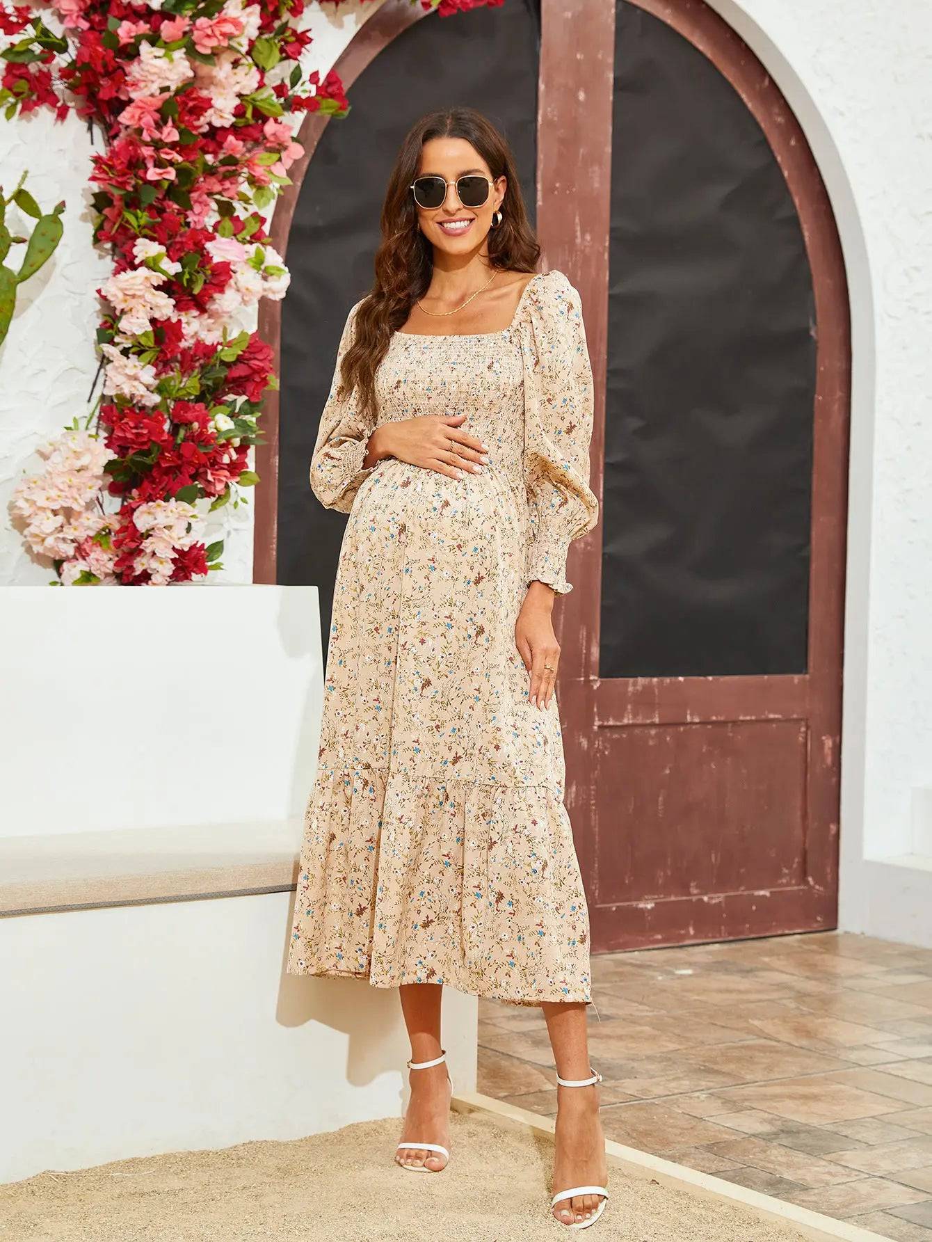 Floral Maxi Dress with Bell Sleeves for Women in Chiffon  S Light Yellow Small Flower 