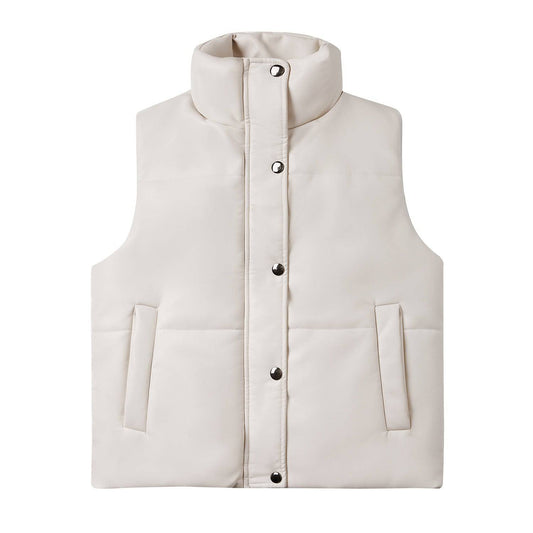 Women's Sleeveless Leather Quilted Jacket with Stand Collar  S White 