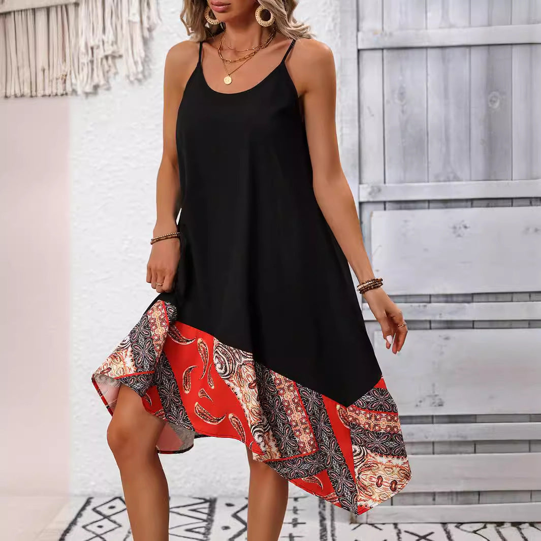 Women Summer Casual Cool Printed Sling Round Neck Non Standard Hem Stitching Dress Hours - Wild Amber Fashion