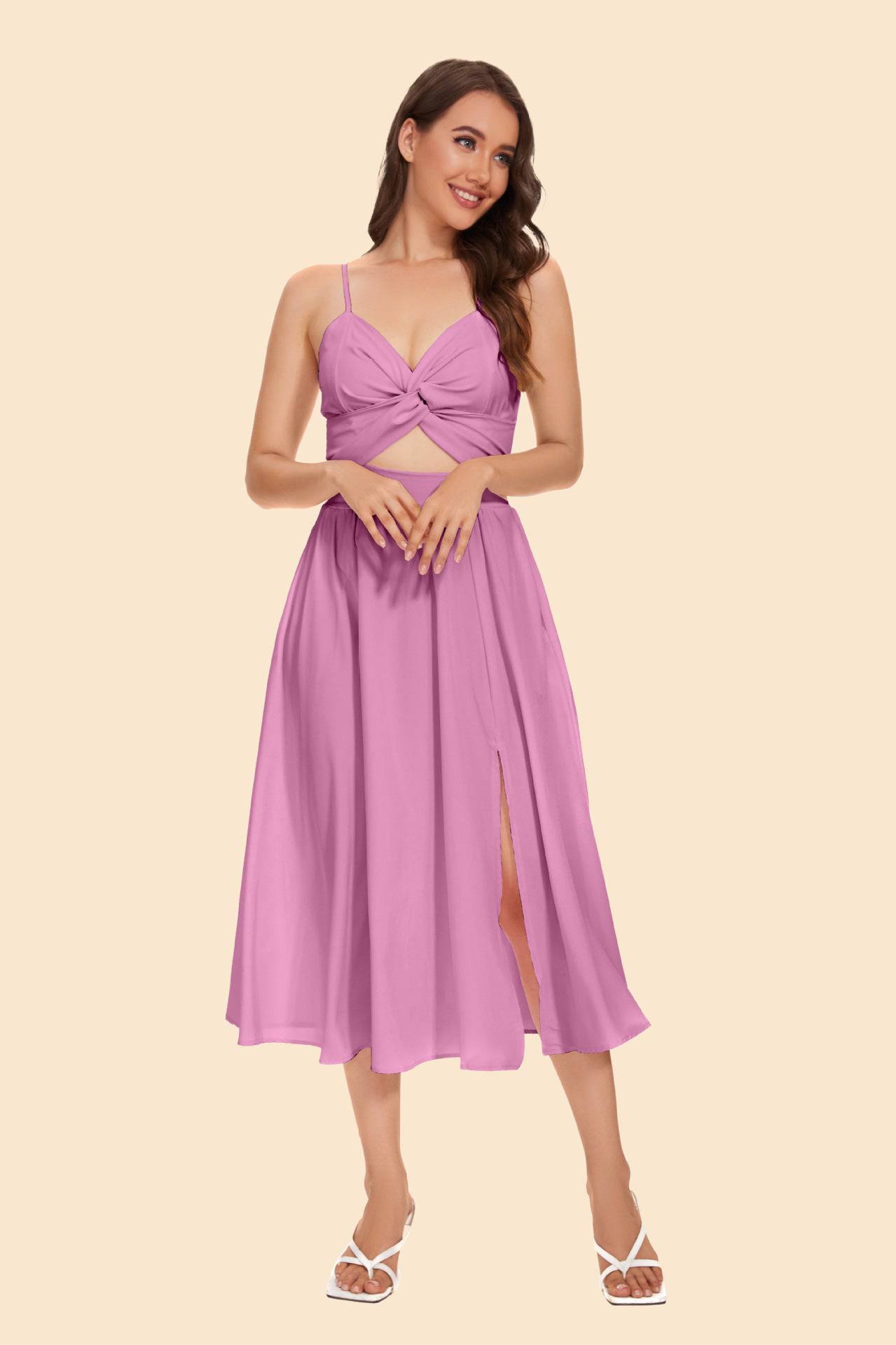 Summer Sweet Macaron Color Sling Waist Maxi Dress  S Purple 