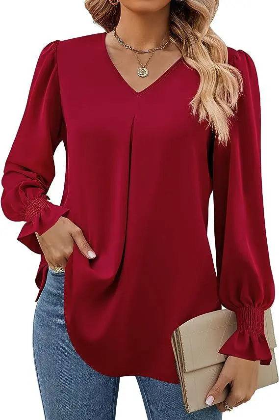 Elegant Loose Fit Chiffon V-Neck Ruffle Top with Lantern Sleeves  S Burgundy 