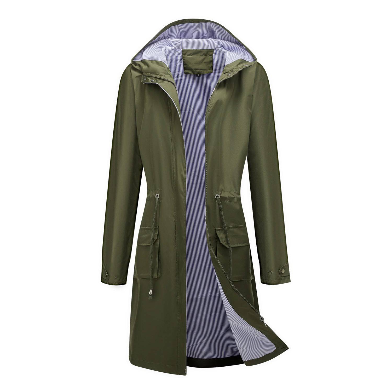 Women's Hooded Waterproof Trench Coat with Striped Lining  S Army Green 