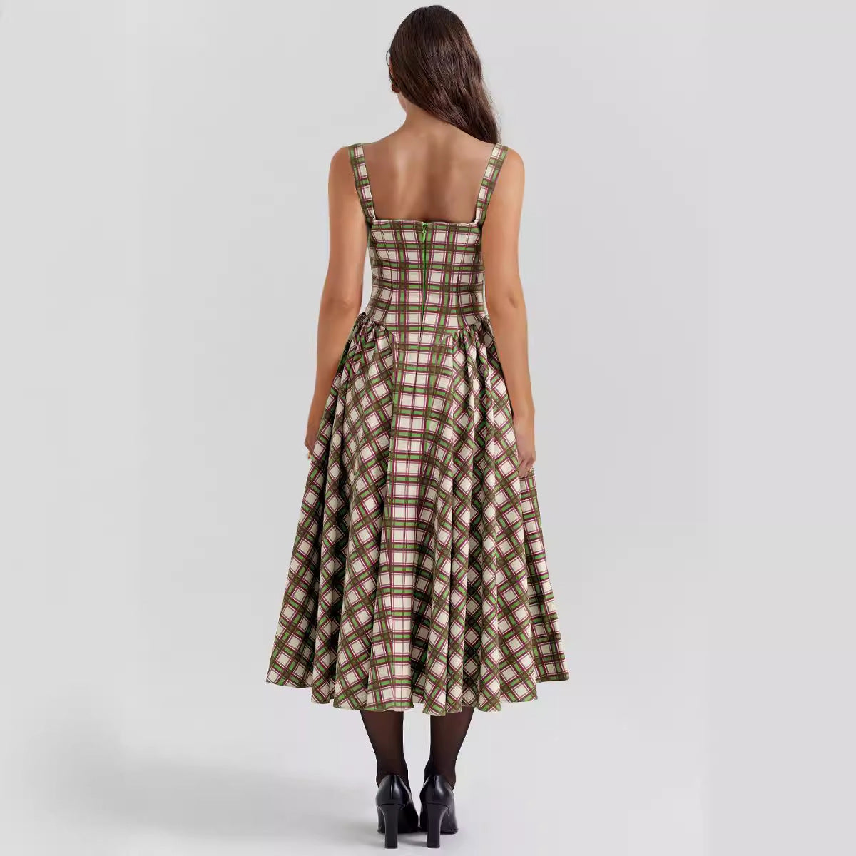 European Girl Summer U Neck Plaid Sling Slim Waist Retro Big Swing Dress Women - Wild Amber Fashion