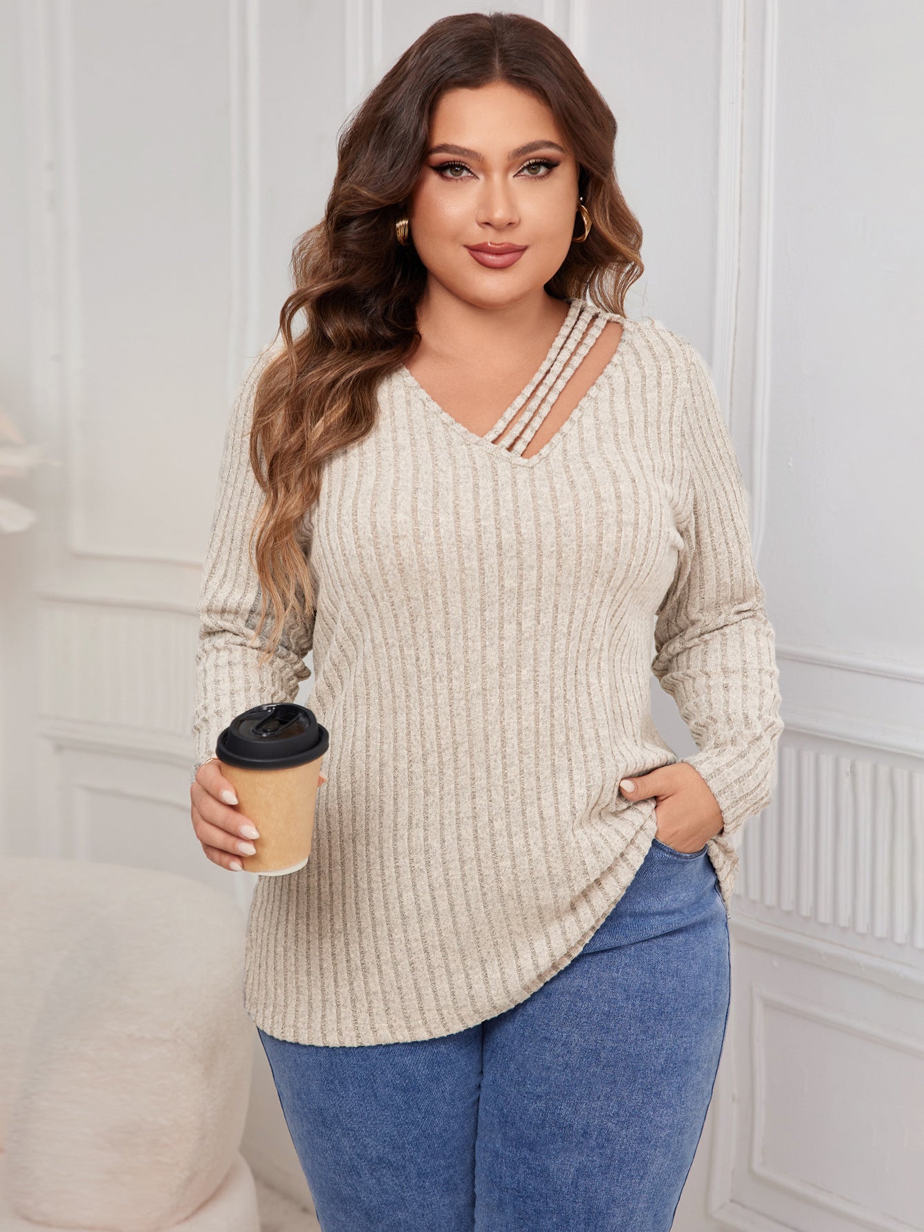 Plus Size V neck Sweater Fall/Winter Loose Fitting Outerwear Sweater - Wild Amber Fashion