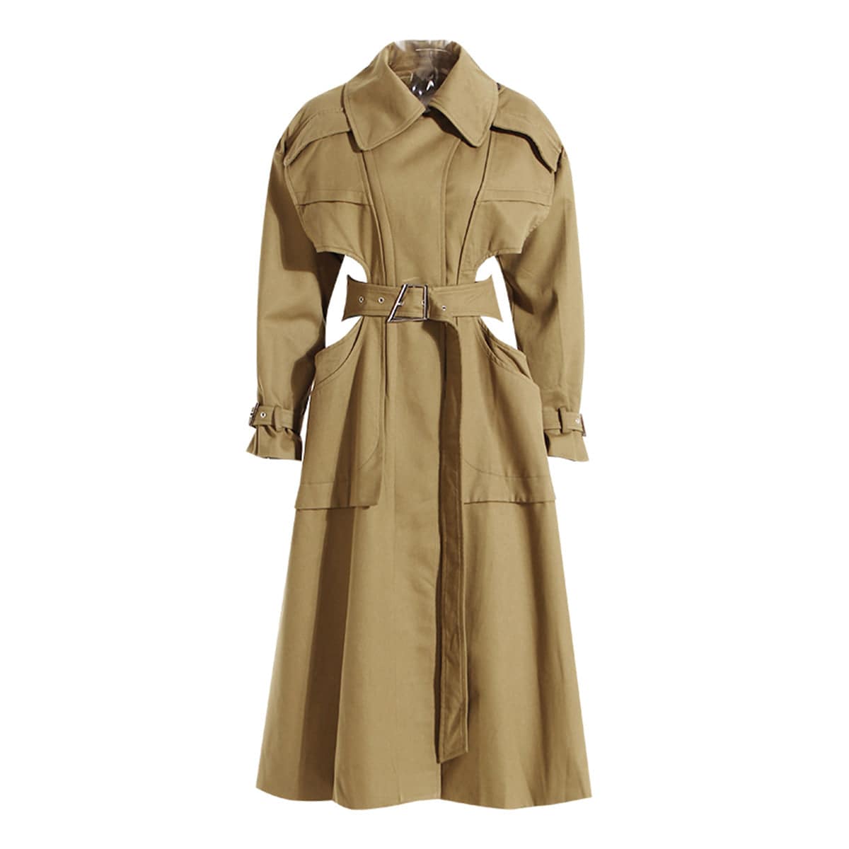 Elevated Spring/Autumn Long Trench Coat with Cutout Design  S Apricot 