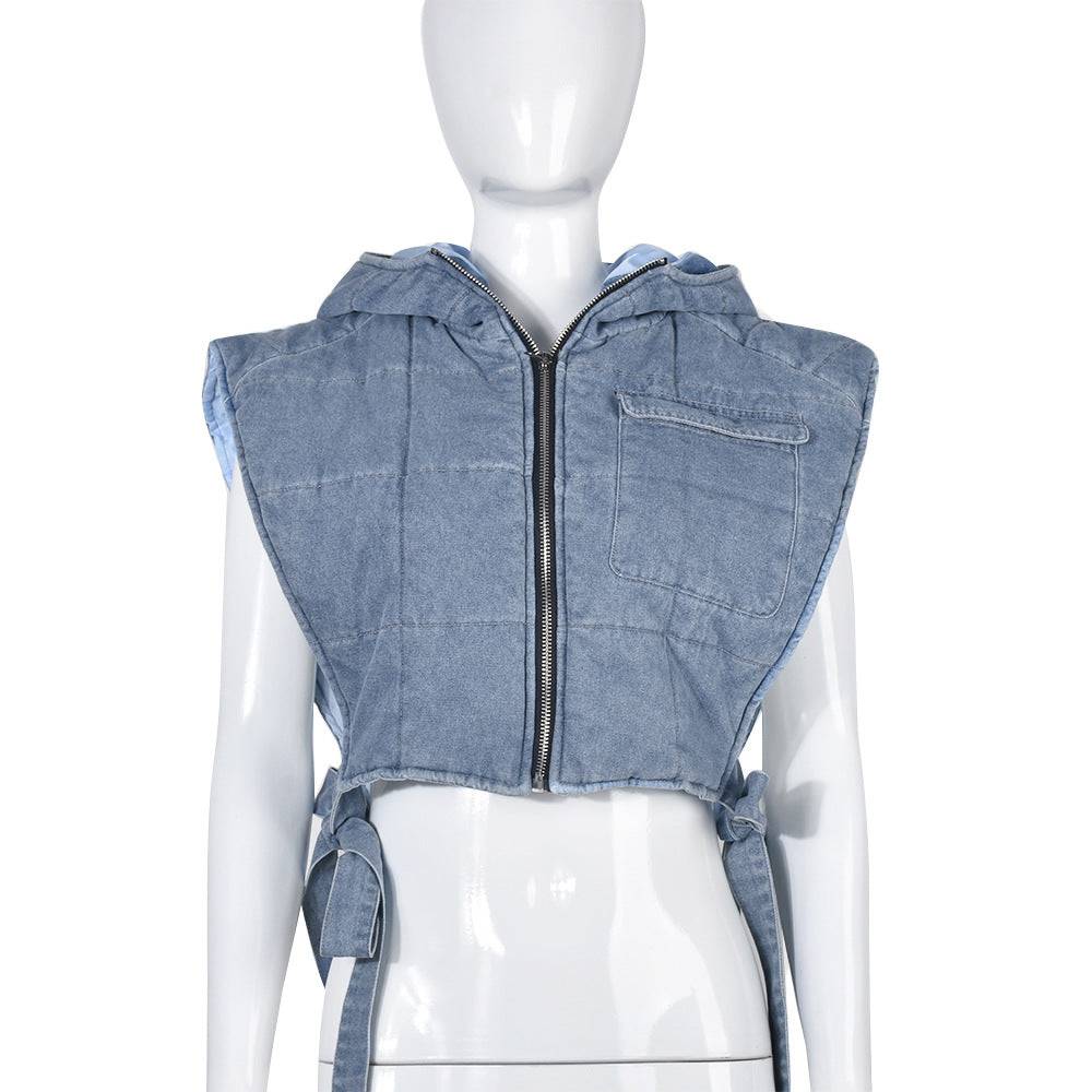 Sleeveless Denim Quilted Hooded Workwear Vest for Women  S light blue 