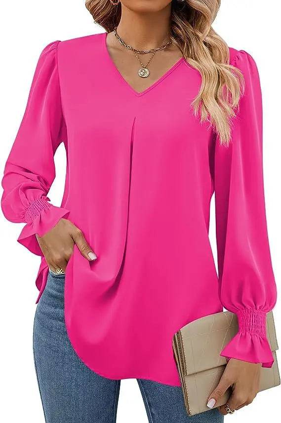 Elegant Loose Fit Chiffon V-Neck Ruffle Top with Lantern Sleeves  S Coral Red 